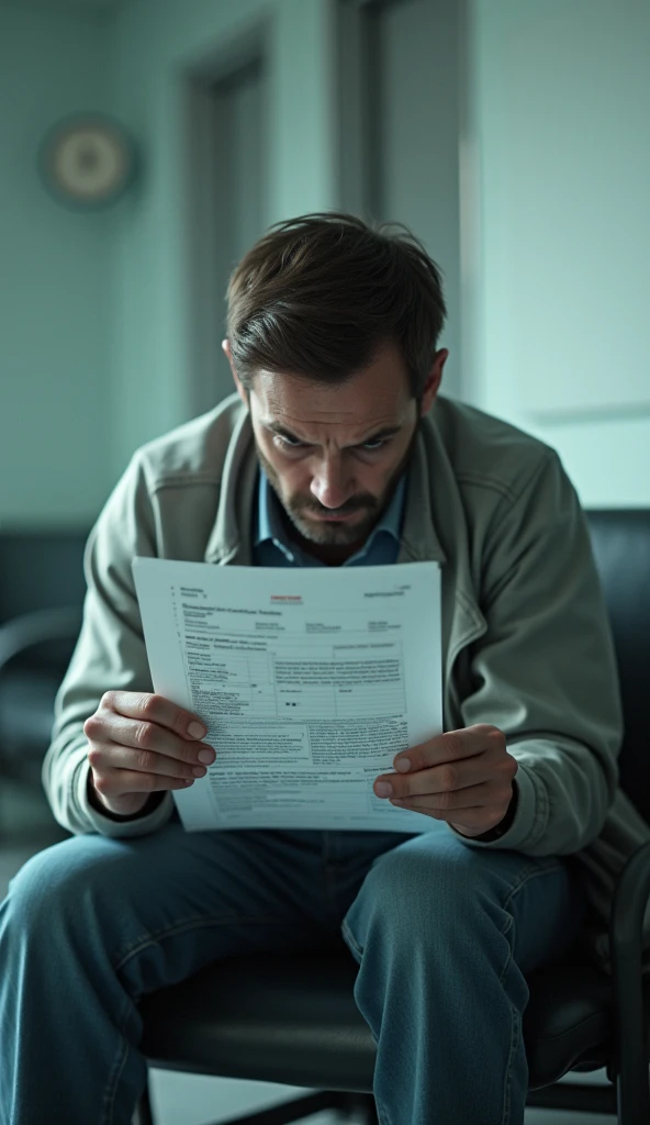 A worried patient in civil dress seating in a hospital waiting room, looking at a lab report with unusual results. The report should have visible anomalies or strange markings in 9:16 ratio landscape.