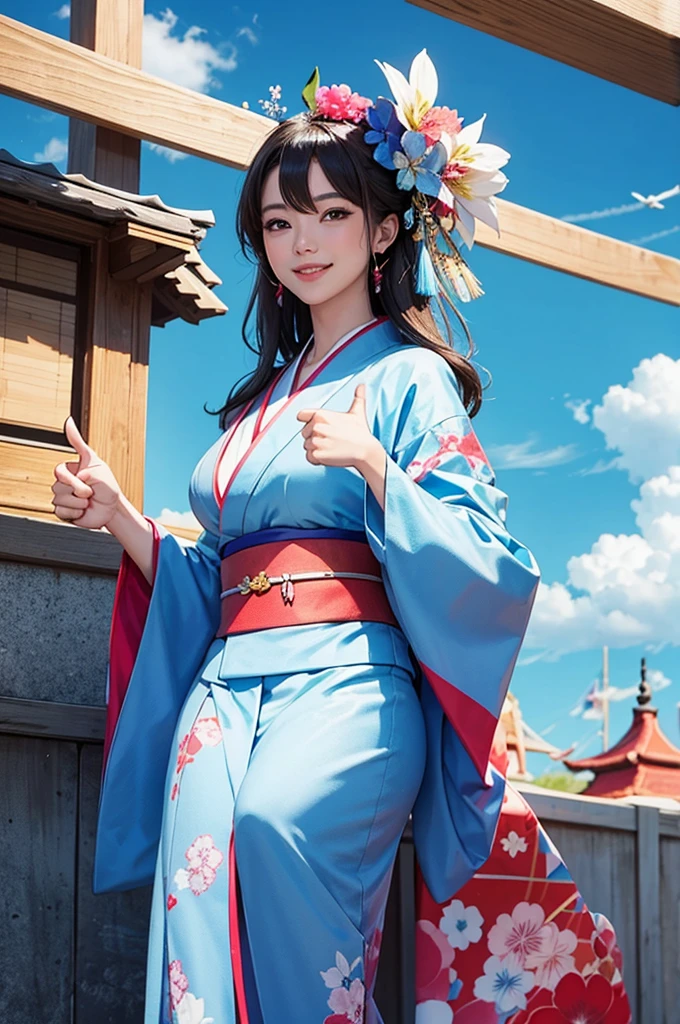 Bust-up of a beautiful woman in a kimono showing a bright smile and thumbs up under a blue sky
