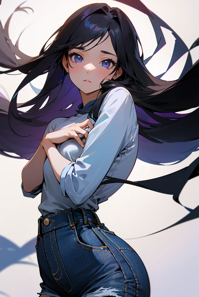 Young woman with long black or dark grey hair。She is confident、Looking up with a gentle expression。The eyes are bright purple、There is depth in the gaze。
He is wearing a tight white T-shirt、The lines of the body are emphasized。Bottoms: high-waisted denim shorts。
Looking up from a slightly lower angle、She seems to dominate the entire screen.。Her hands were lightly touching her chest、Pushing up the shirt a little。
The whole image is bright、A simple background with soft lighting。The art style is detailed and has an anime look.、The texture of the hair and clothes in particular is depicted realistically.。
One person, solo, High resolution, masterpiece, High-resolution model, High detail,