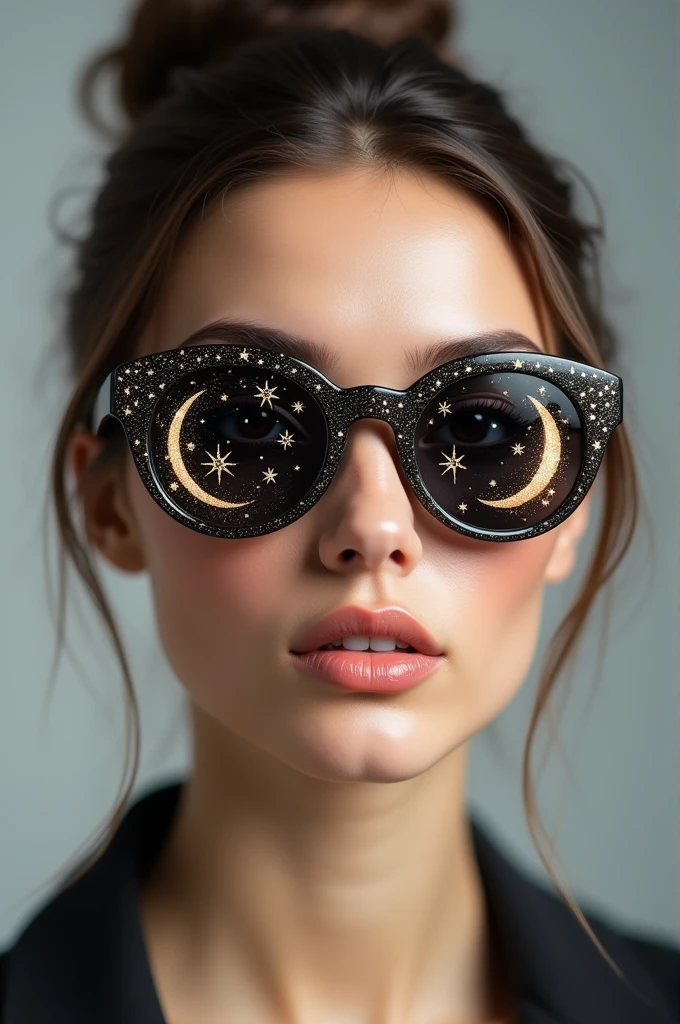 The model is wearing glass sunglasses with stars and the moon on the glass