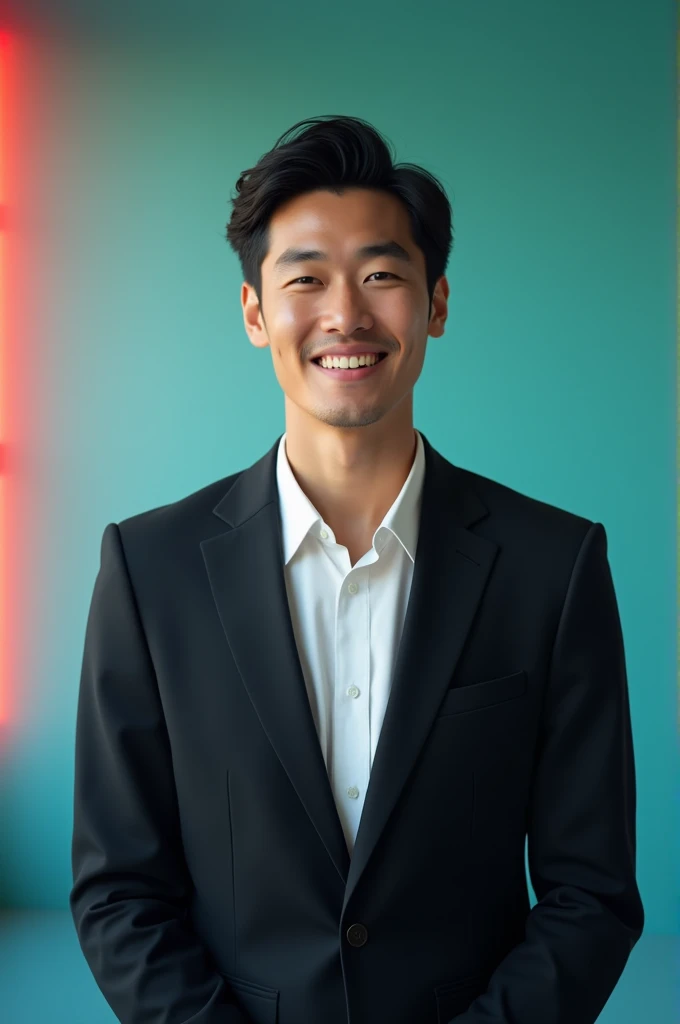A young man with dark hair and a confident smile.
He is dressed in a black blazer over a white shirt.
The man is positioned against aqua colour backdrop with a subtle red lighting on the left side. and he posing for Linkedin profile
61
Auto
88 General
Realistic