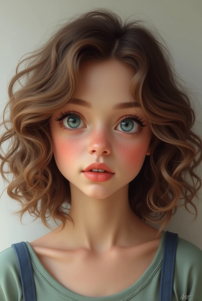 light brown hair.  teenager with curly hair 
only curly on the ends looks almost 18 not so messy hair. girl showlder length hair. realistic. older face, blue/green eyes



