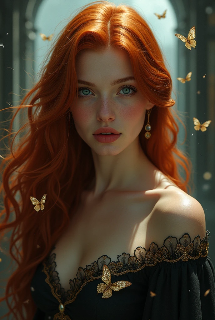 (solo, full body photo:1.3), (action packed:1.3), (haze, fog, mist:1.3), chiaroscuro, best quality, photorealistic, 1woman, (cute), (24yo:1.2), redhead, long ginger hair highly detailed, 1700'S, digital photography, art by artgerm and ruan jia and greg rutkowski surreal painting gold butterfly filigree, broken glass, (masterpiece, sidelighting, finely detailed Fashionable eyes: 1.2) (perfect oval large eyes that gazes at the viewer), beautiful detailed face, blue gorgeous perfect eyes, (blonde hair ponytail), (attractive young woman:1.3), (thick amazing hair), (seductive:1.1), (blushing:1.1)