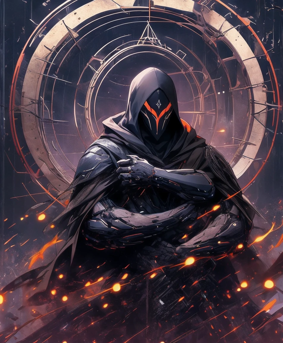 A masked man in a black hooded coat, civilian-like attire cleverly hiding his tools, background on a roof at night: the constellation "Lyra" view in the sky