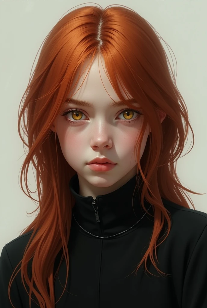 raise a boy, male, with yellow eyes and very long hair, below the shoulder, reddish, realistic black clothes