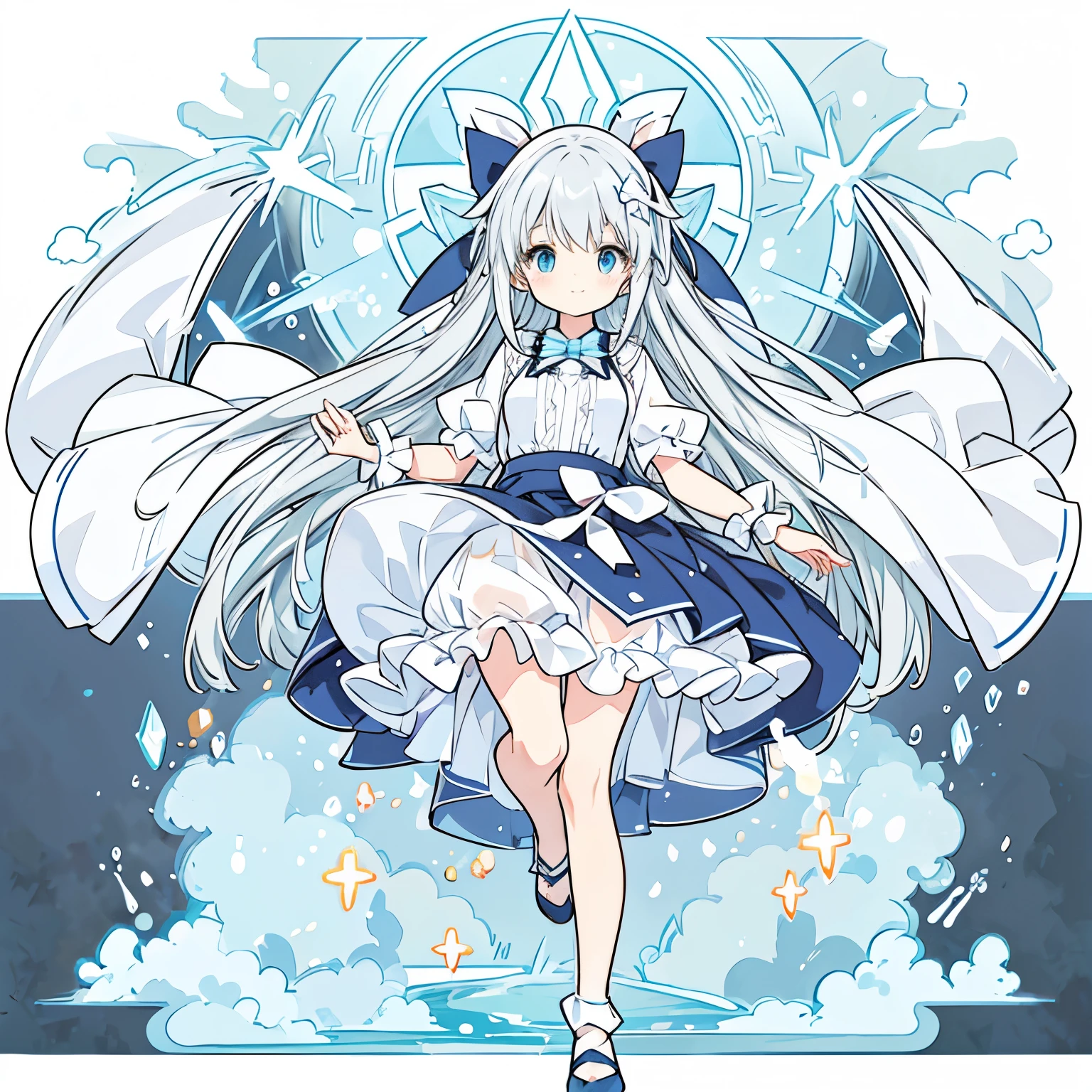 One Girl 小さいBody長 低Body長 cute Light gray hair Blue colored eyes Magical girl witch Body 全Body shoes Big Breasts Big Tits Sheer clothing Embarrassed A little smile Clothing with a small triangular hole between the stomach and skirt Transparent hair Transparent long skirt Transparent ribbon Transparent frills Transparent slits Overall, a lot of white 135cm