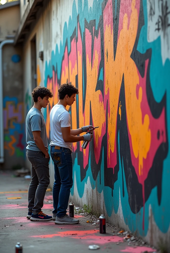 2 male friends doing graffiti with spray paint
