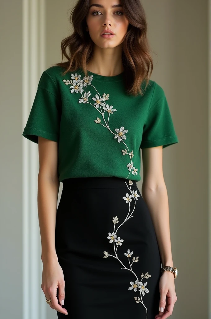 a black dress with white flowers and a green short sleeve sweater