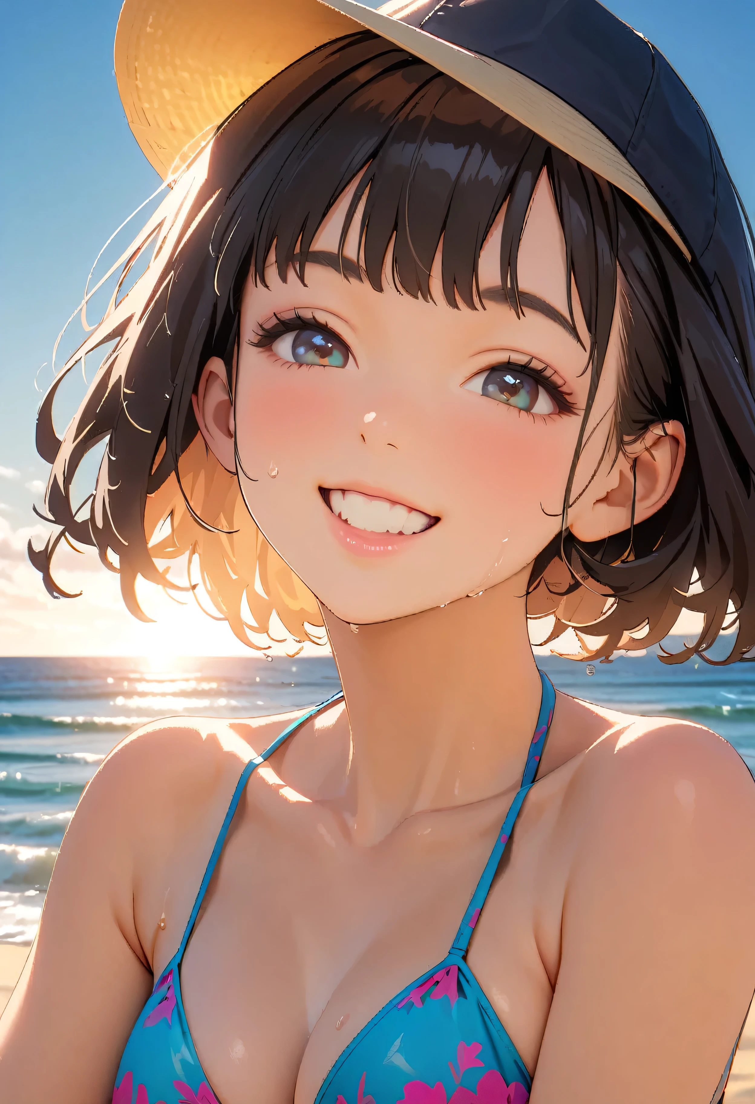 (Highest quality:1.2, City Pop Style, Very detailed, Latest, Vibrant, masterpiece:1.2, Highest quality, Best aesthetics), smile, ((Face Up Shot:1.4)), 1980s style, 8K Ultra HD, Backlight, Background Blur, smile, One Woman, Woman in bikini, Strong sunlight, blue sea, sunny, Summer sunshine, Wet Skin, Sandy Beach
