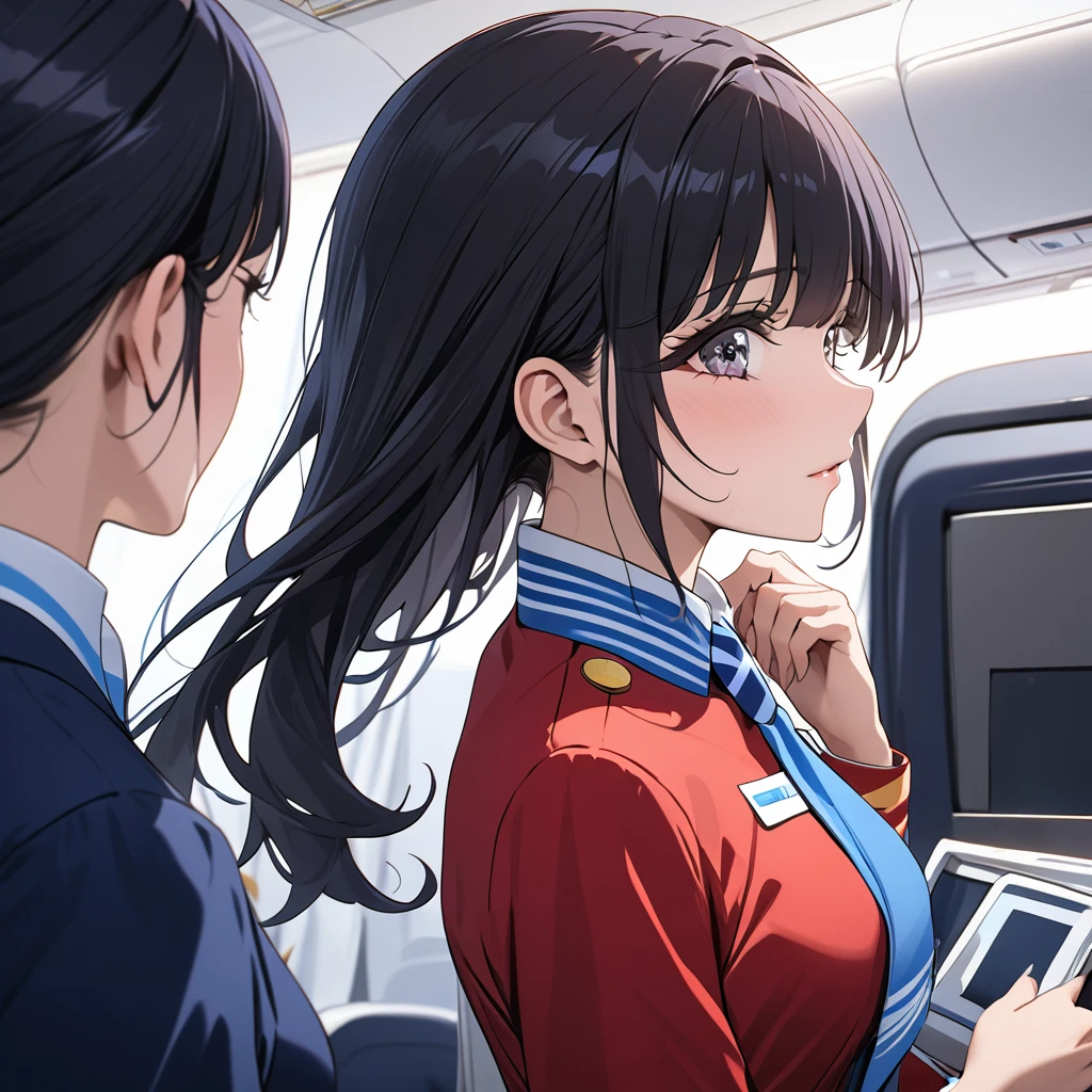 ((Highest quality)), ((masterpiece)), (detailed), （Perfect Face）、The woman is Reika Aoki with semi-long hair、The woman is a flight attendant for a Chinese airline.、Red Uniform