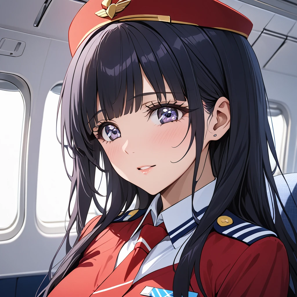 ((Highest quality)), ((masterpiece)), (detailed), (Perfect Face)、The woman is Reika Aoki with semi-long hair、The woman is a flight attendant for a Chinese airline.、Red Uniform