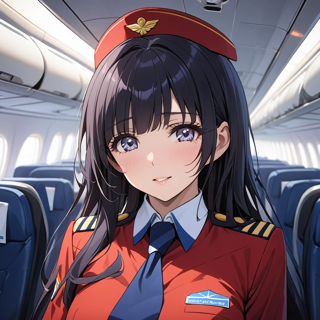 ((Highest quality)), ((masterpiece)), (detailed), （Perfect Face）、The woman is Reika Aoki with semi-long hair、The woman is a flight attendant for a Chinese airline.、Red Uniform