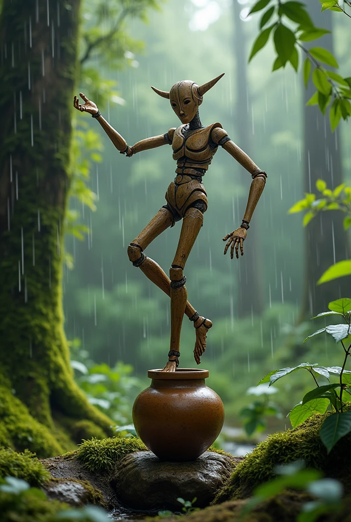 A human like figure made of boods dancing on a pot, forest rain background
