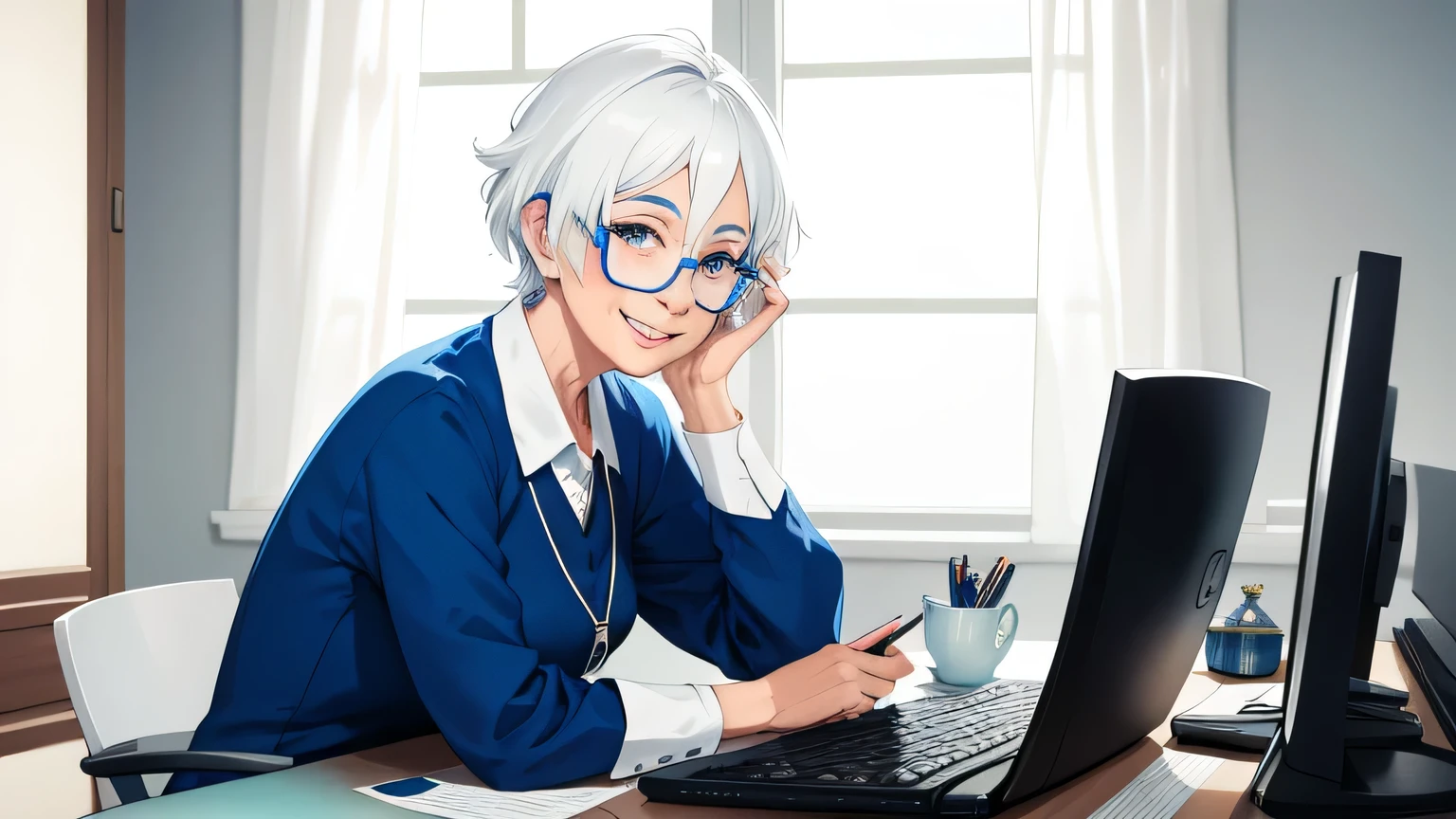 1 old woman, Glasses, computer, short hair, White hair with blue spots, smile, Wrinkle, Shine, Side light, Grandma's clothes.Highest quality