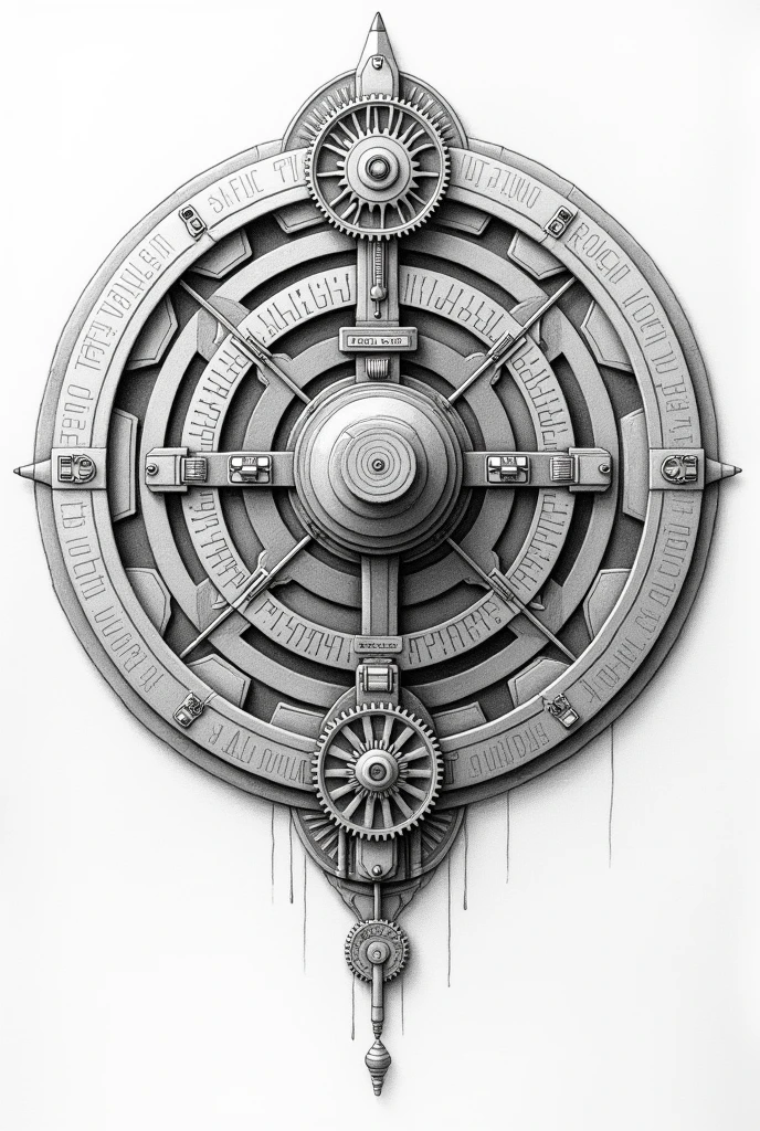 make a 2D design, on a paper drawn in pencil seen from the front, from the futuristic Aztec Calendar, cyberpunk, ultra detailed, mechanic, following the pattern of the Aztec Calendar