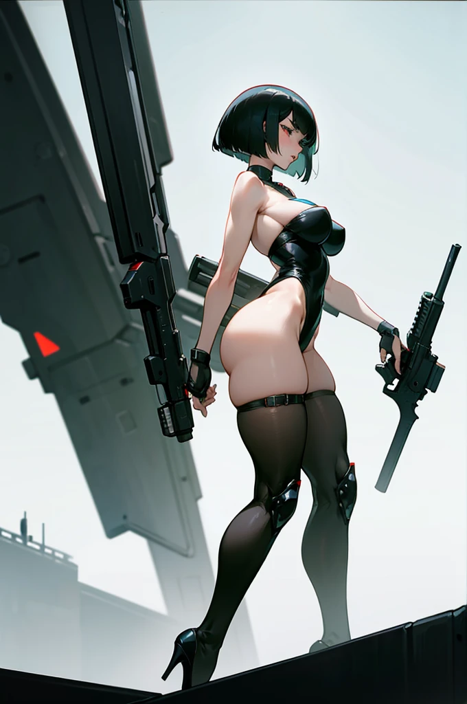 thick hips, thick thighs, heelless heels, cut leotard, bandeau top, huge , thin waist, bob cut hair, pale skin, gun, angry look, scream, thick body, tight stockings, front profile back, cyberpunk,