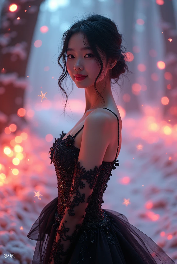 Japanese beauty killer black sexy wedding dress,Happy smile,black style、(Fluorescent Color:1.4)、(translucent:1.4)、(Retro filter:1.4)、(fantasy:1.4)、Candy world Disney fantasy fluffy soft scenery forest snow avatar pink sky green blue glow dreamy lights soft soft glow rainbow stars diamond glitter gem background surreal ultra hd movie lighting huge details full hd full light、