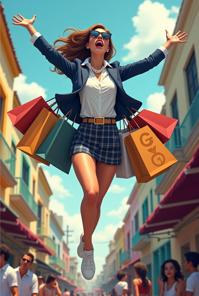 Create the image of a preppy superheroine flying over the city of Feira de Santana in Bahia, with several shopping bags in his hands while shouting his power quite loudly and disturbing everyone around