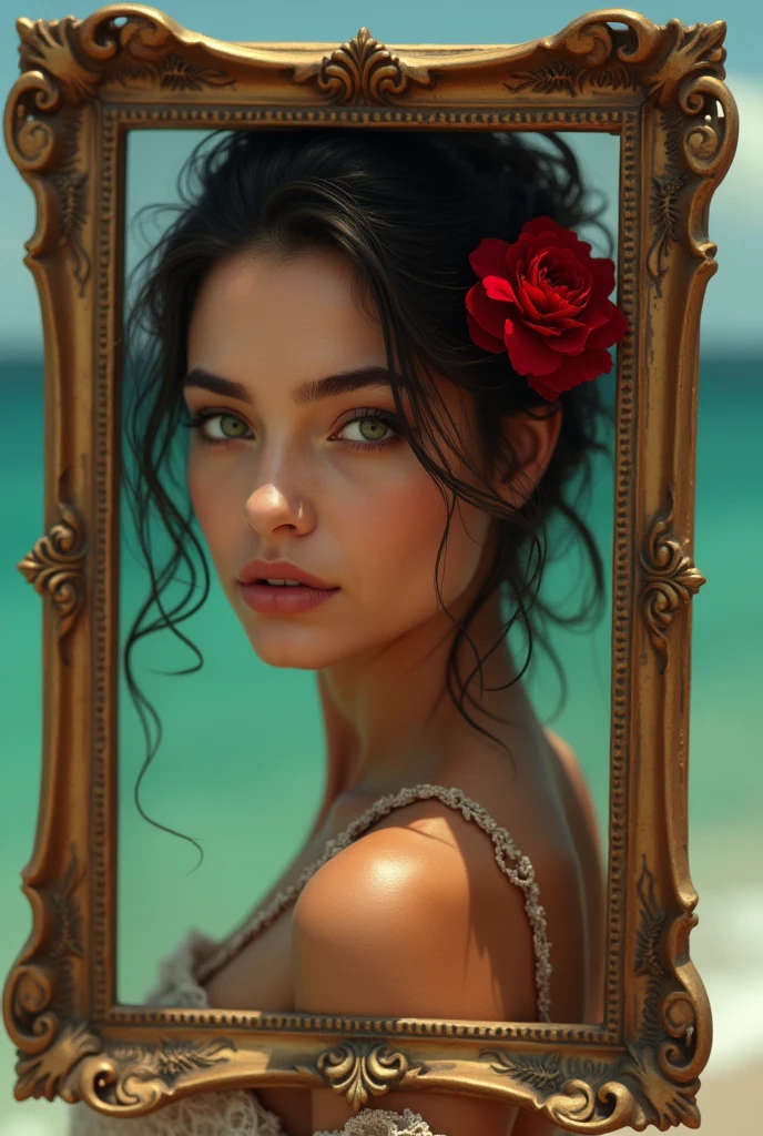 Take me a hyper realistic photo in 16:9 and 4k format of a young Andalusian woman with a red carnation in her hair inside a "hand-carved frame decorated with sheets of darkened gold paper" on the shore of a crystal-clear green sea that is close to me and staring me straight in the eyes with her dark green eyes.