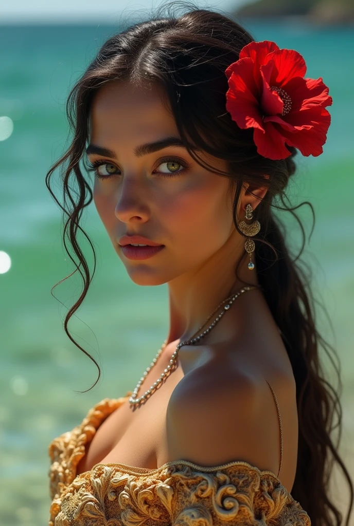 Take me a hyper realistic photo in 16:9 and 4k format of a young Andalusian woman with a red carnation in her hair inside a "hand-carved frame decorated with sheets of darkened gold paper" on the shore of a crystal-clear green sea that is close to me and staring me straight in the eyes with her dark green eyes.

