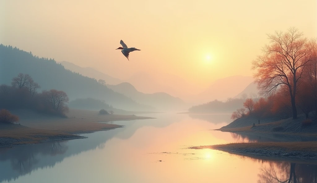 ((masterpiece)), ((best quality)), 8k, high detailed, ultra-detailed, evening light ，Simple colors，Chinese landscape painting style，one duck flying in the sunset，reflection, autumn, river, vast sky, merging, serene, harmonious, peaceful