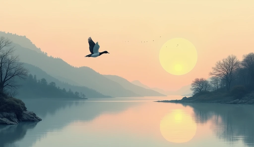 ((masterpiece)), ((best quality)), 8k, high detailed, ultra-detailed, evening light ,Simple colors,Chinese landscape painting style,one duck flying in the sunset,reflection, autumn, river, vast sky, merging, serene, harmonious, peaceful