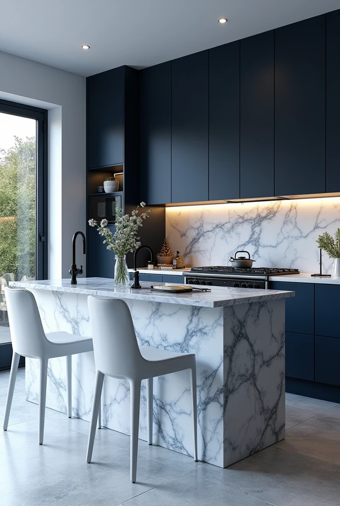 Professional 3d architecture rendering design of modern kitchen with So dark blue vintage and dark gray and white modern white French design chairs shiny white and blue marble island island