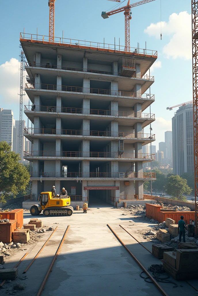 A construction site should be halfway made building, with some clean  space infront of it the whole should be a real image