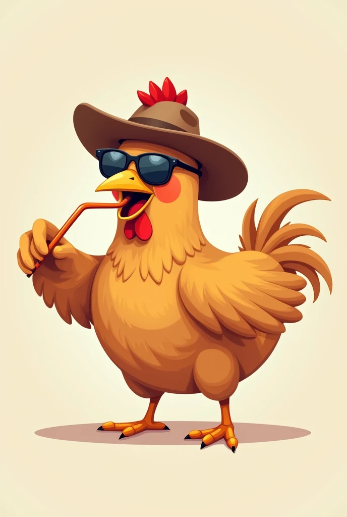 A brown chicken wearing a sunglasses and brown cowboy hat while drinking on straw and one wing is wide open cartoon only