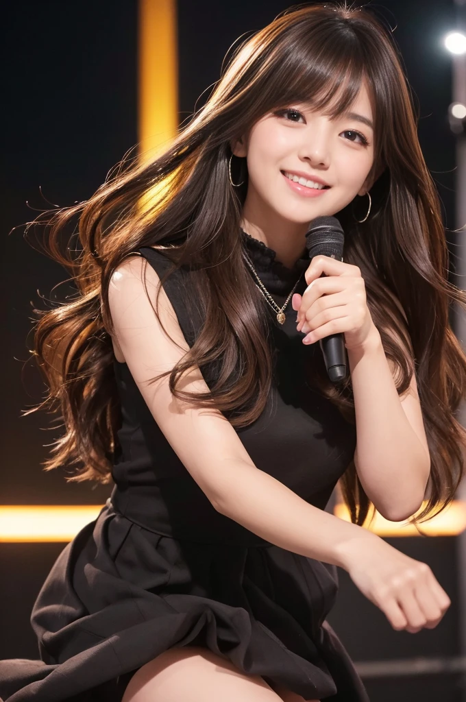 masterpiece、1 beautiful girl、Detailed eyes、Puffy eyes、Highest quality, 超High resolution, (reality: 1.4), Cinema Lighting、Japanese、Asian Beauty、so beautiful、Beautiful Skin、thin、Body facing forward、(超reality的な)、(High resolution)、(8k)、(Very detailed)、(beautiful Detailed eyess)、(Very detailedな)、 (wall-)、Detailed face、Bright lighting、Professional Lighting、Looking at the audience、Look straight ahead、Black sleeveless dress、Long Hair,  Asymmetrical bangs, 、Night view、Brown Hair、Japanese Idols、Korean Idol、Fiery idol pose、、2、expensive, smile, congestion、running and jumping so high