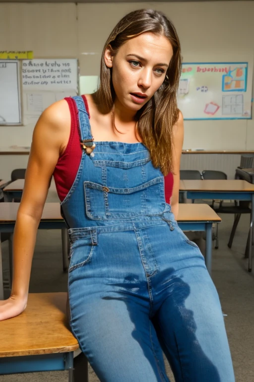 Young blonde woman, wearing jean overalls, sitting in classroom, peeing pants, worried look on face.