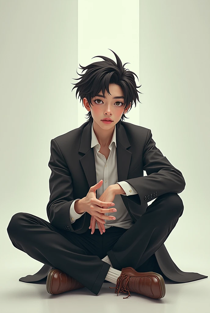 A unique young male character sitting like an explainer and seeing straight to the Audiance