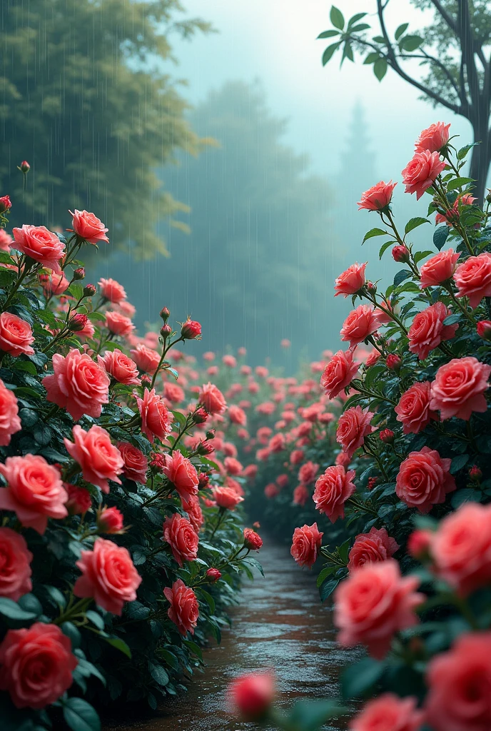 a rose flower garden on a rainy day
