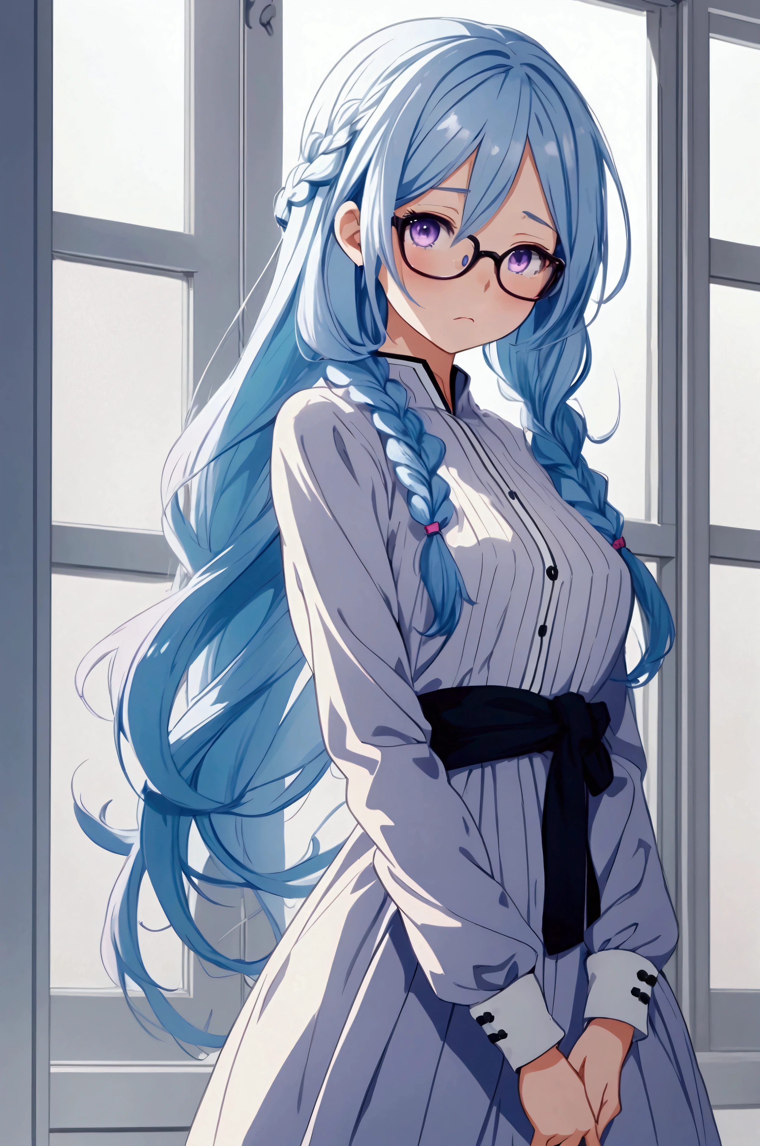 hd, Anime girl, clean and meticulous anime art, light blue hair, braided hair, beautiful anime art style, cute anime girl portrait, light purple eyes, lovely art style, Soft anime illustration, shy, long sleeved dress, thin waist, long hair, upper body, black rimmed glasses, standing