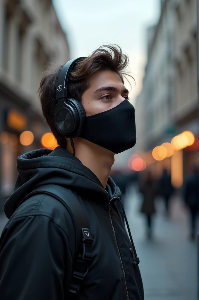 A 20-year-old man wearing a mask and listening to music