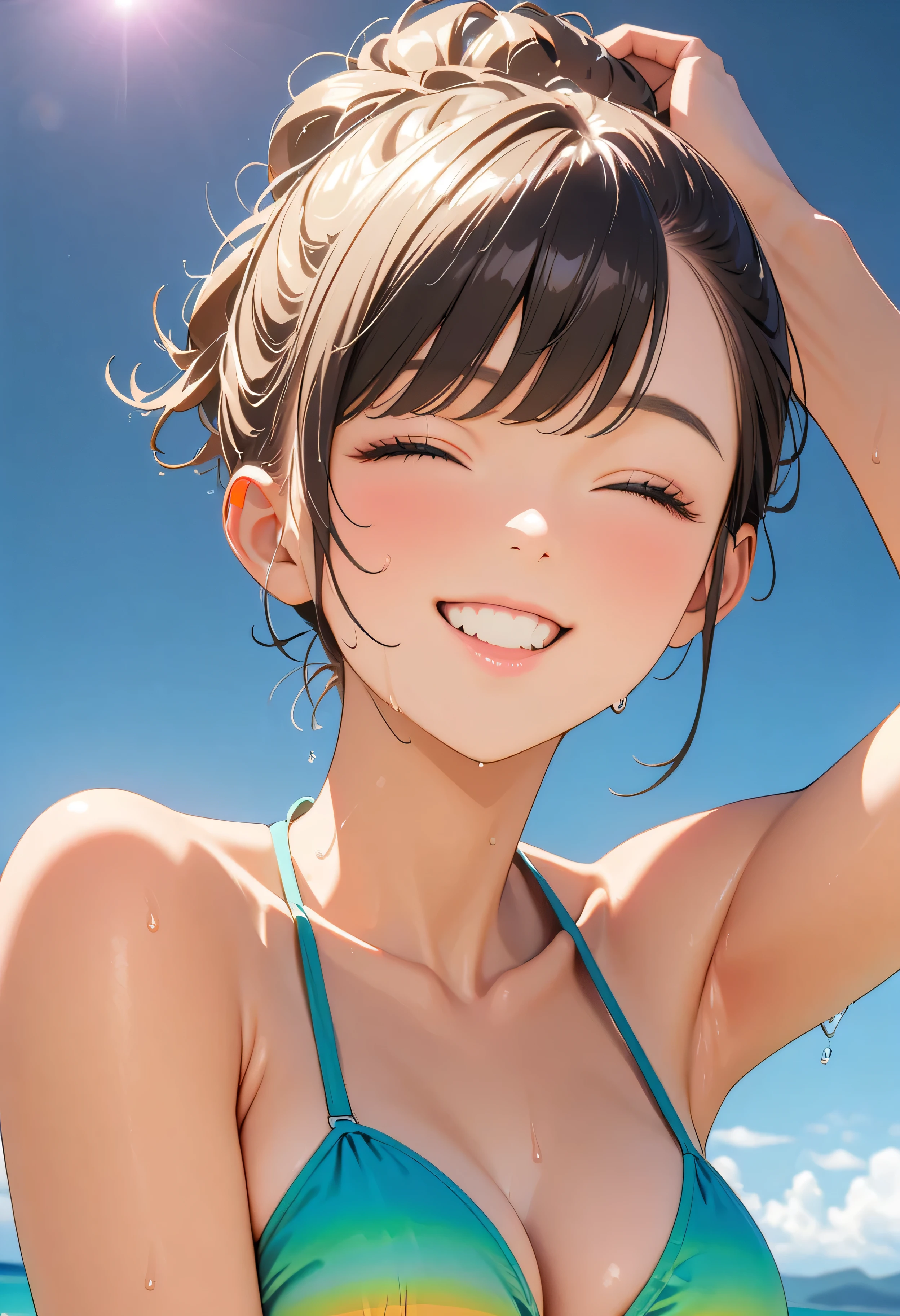 (Highest quality:1.2, Very detailed, Latest, Vibrant, masterpiece:1.2, Highest quality, Best aesthetics), smile, ((Face Up Shot:1.4)), 1980s style, 8K Ultra HD, Backlight, Background Blur, smile, One Woman, Woman in bikini, Strong sunlight, blue sea, sunny, Summer sunshine, Wet Skin, Sandy Beach, Dynamic Angle