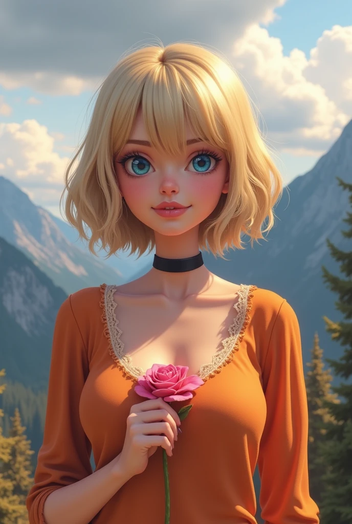 (realistic,painting_style,)mature, 1girl, solo, amelia watson, virtual youtuber,blonde hair, blue eyes, choker, flower, short hair, realistic eyes, head tilt, smug, looking_at_viewer, sky, mountain, outdoors, cloud, bangs, upper body, pink flower, collarbone, orange shirt, parted lips, lips, lace trim, smile, black choker, mountainous horizon, cloudy sky, standing, holding_flowers