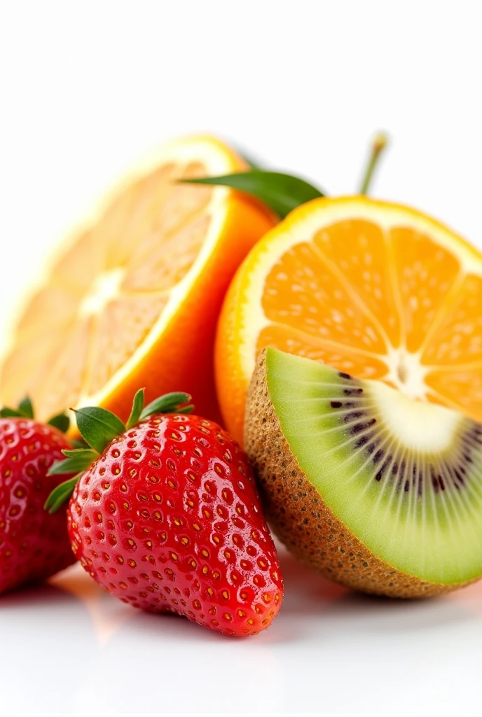 Vitamin C: A composition of fruits rich in vitamin C (orange, kiwi, strawberry) white background