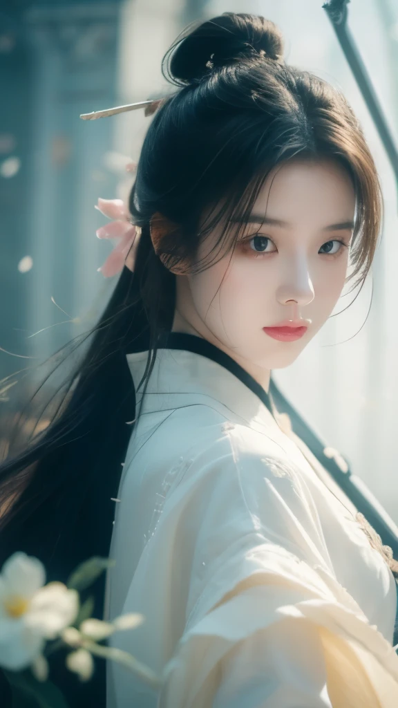 (RAW photos, best quality),(Practical, photo-Practical:1.3), masterpiece, Extremely delicate and beautiful, 极其detailed, CG, 樱flower,superior_Body,A girl,arms,Black Hair,sword,flowerびら,樱flower,Long hair,China costume,Vague,Hair Bun,Hair accessories,View your audience,holding sword,Long sleeve,single Hair Bun,flower, outdoor,最high quality,masterpiece,number,Very delicate and beautiful,CG,Unite,8k wallpaper,wonderful,detailed,masterpiece,Official Art,非常detailed CG Unite 8k wallpaper,Ridiculous,Large file size,非常detailed,high resolution,非常detailed,Beautiful and delicate girl,Practical,(masterpiece, 最high quality, high quality, high resolution, 非常detailed),