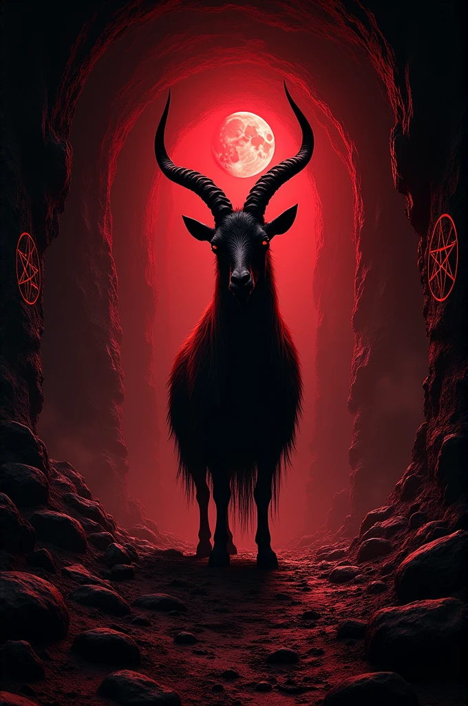 Create a flyer for an event Size: 8,5 x 11 inches Resolution: 1080p Elements: Dark cave with satanic pentagrams in the corners, little red moon, Satanic Goat Colors: black and red