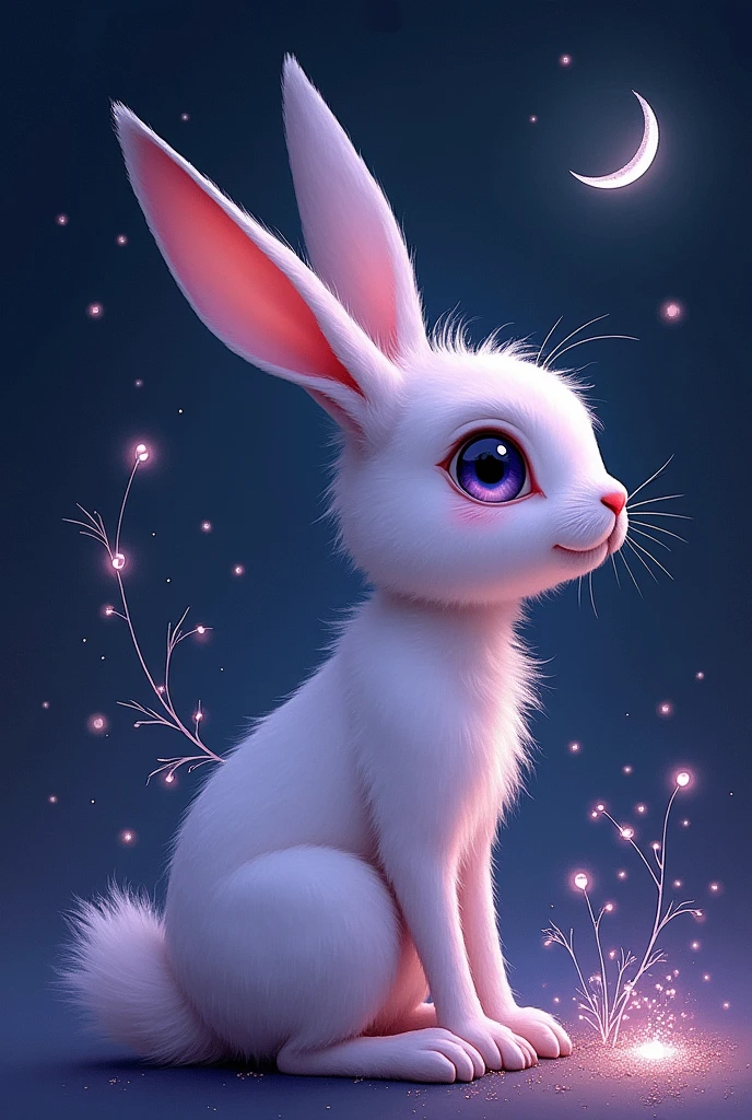 Make a sequence of drawings of a rabbit turning into a girl, in purple tones and with the text: MoonLile
