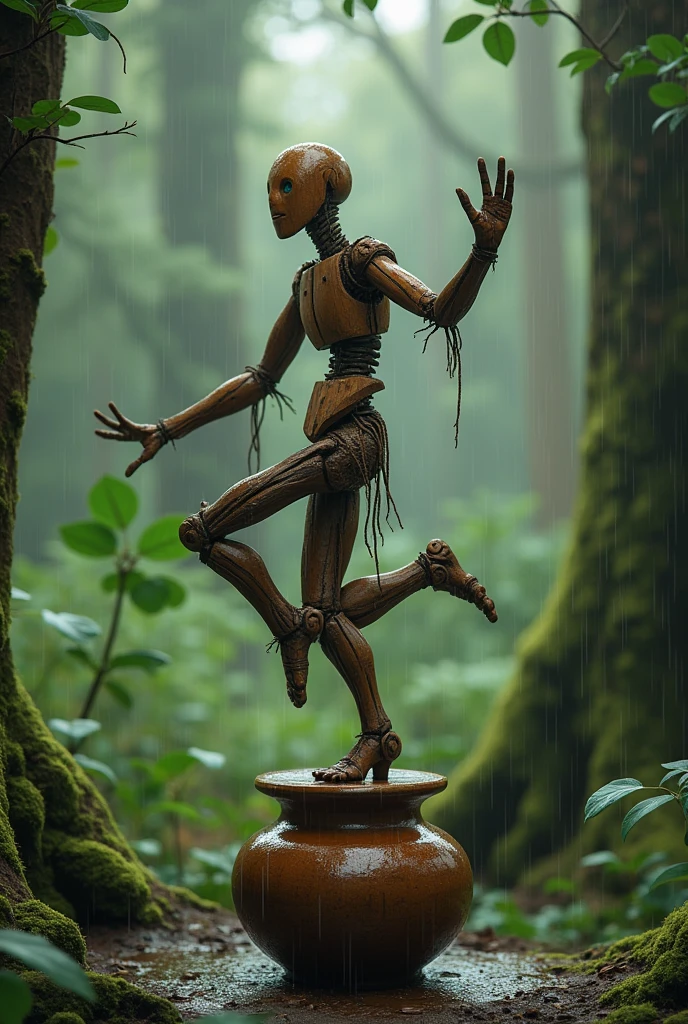 A human like figure made of boods dancing on a pot, forest rain background
