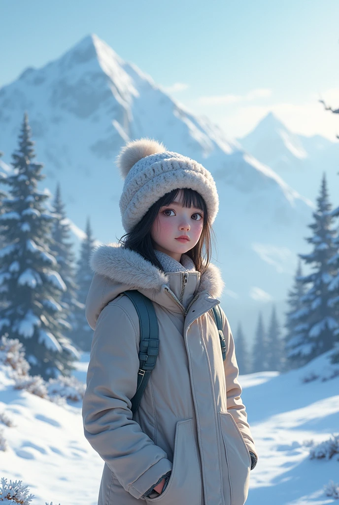 ((Best quality, 8k, Masterpiece :1.3)),Snow Scenery,behind a girl