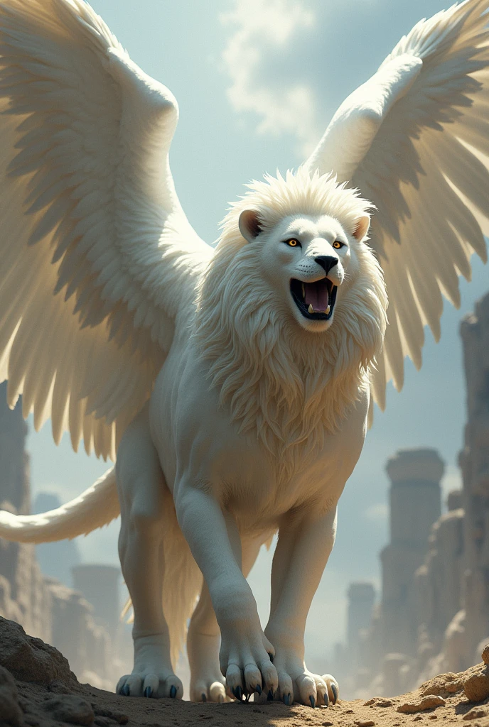 make an emphasis (mythological creature) half eagle and half lion. The front is of an Eagle and the back of a Lion. Make it white and keep that same head 