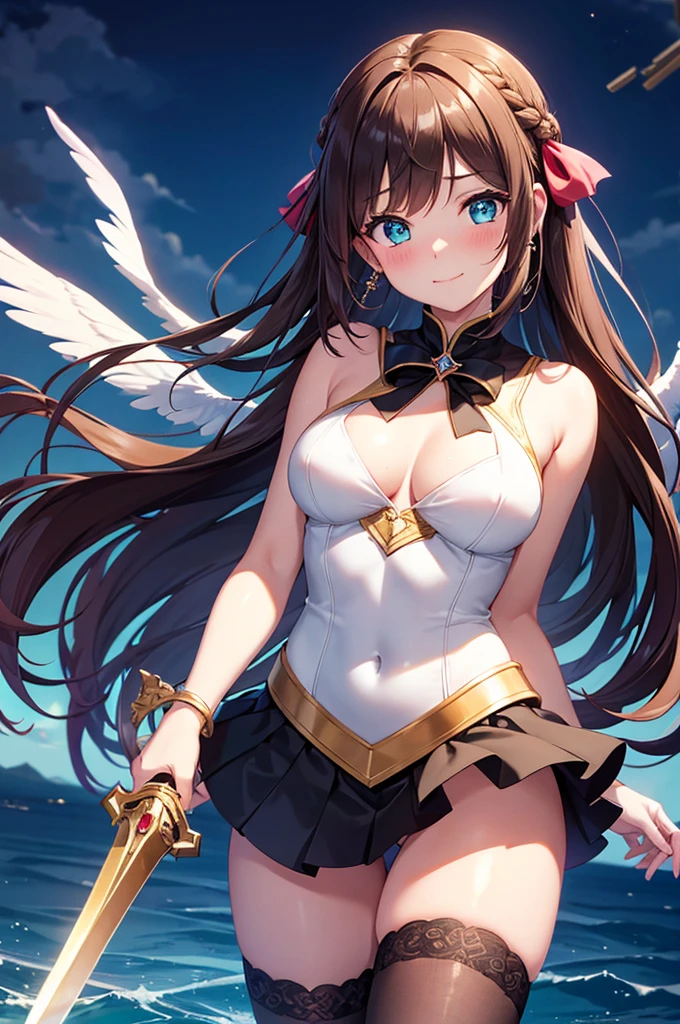 A beautiful girl in a short skirt holding a sword and a bird, outside, night, (magical girl), orange leotard, fluffy layered skirt, thigh highs, bow, wand, wings, flying, floating, big rounds breasts, dark brown hair, long bangs, french braid, long hair, wavy hair, expressive hair, shiny hair, hairclip, hair ribbon, jewelry, aqua eyes, glowing eyes, pupils sparkling, earrings, blush, light smile, shy, embarrassed, nervous smile, beautiful detailed eyes, natural lighting, high detail, anime, anime style, depth of field, cinematic lighting, game CG, dithering, image fill, multiple views, wide shot, from above, from behind, from below, atmospheric perspective, perspective, panorama, Wide-Angle, f/1.8, 85mm, Nikon, 8k, super detail, masterpiece, retina, masterpiece, accurate, anatomically correct, textured skin, high details, best quality, highres, 16k