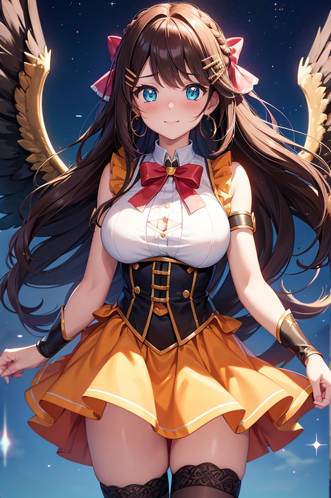 A beautiful girl in a short skirt holding a sword and a bird, outside, night, (magical girl), orange leotard, fluffy layered skirt, thigh highs, bow, wand, wings, flying, floating, big rounds breasts, dark brown hair, long bangs, french braid, long hair, wavy hair, expressive hair, shiny hair, hairclip, hair ribbon, jewelry, aqua eyes, glowing eyes, pupils sparkling, earrings, blush, light smile, shy, embarrassed, nervous smile, beautiful detailed eyes, natural lighting, high detail, anime, anime style, depth of field, cinematic lighting, game CG, dithering, image fill, multiple views, wide shot, from above, from behind, from below, atmospheric perspective, perspective, panorama, Wide-Angle, f/1.8, 85mm, Nikon, 8k, super detail, masterpiece, retina, masterpiece, accurate, anatomically correct, textured skin, high details, best quality, highres, 16k