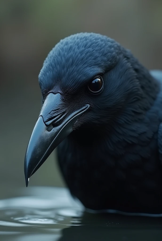 : Create a close-up of the crow’s face as it realizes the water level is too low. Its expression should show sadness and frustration.