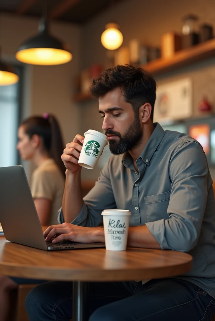 The man sitting on Starbuck  restaurant  with a coffe cup on the cup name kamesh was written. In front of laptop and a girl