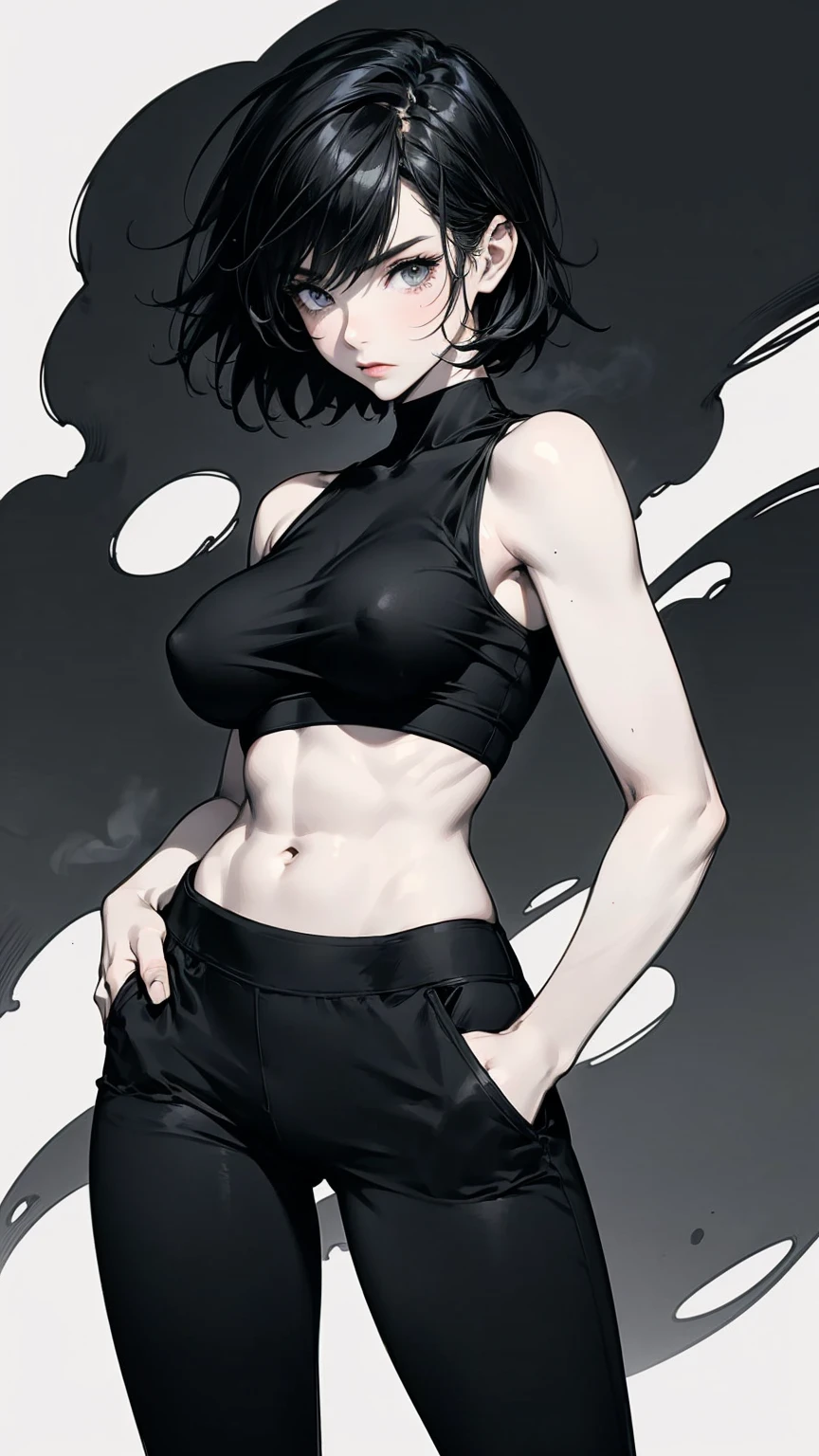 Angle from below, A woman with her hands in her pockets, Asymmetrical Short Hair, Black Tank Top, Black leggings, Perfect body, Big Breasts, Attractive abs, abstract design, A background of flickering black and white smoke, Anime Style, Digital Painting, (masterpiece, High resolution, Highest quality)