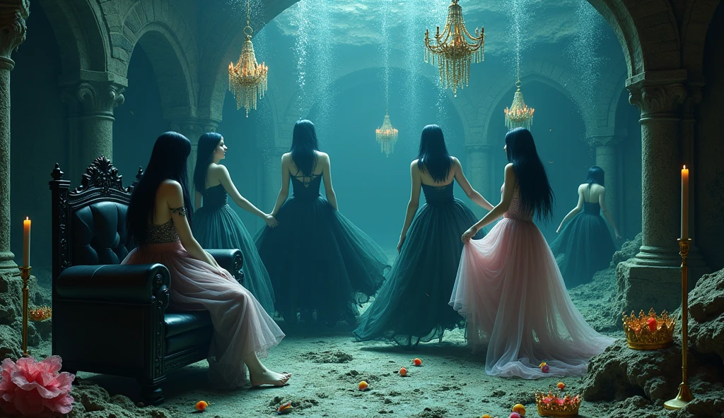 "A full-body shot of a (extra wide angle 1:1) in a dark low light deep sea medeval ballroom in an old gothic palace that has gone under the sea. Super-big ballroom. 2 queen twin sisters curled up and their 5 girlfriends swimming randomly, waiving theyr arms in the sea. Surrounded by coloured fishes. Swimming with body upside down, body posed horizontally, swimming with body posed vertically, swimming down, swimming up. The queens have a big light-colored eyes, black super-long long hair. Their girl-friends have a long hair also blue and green perfect detailed eyes.Their wering black dresses. Pink and gold dresses. Dresses in many layered lace and shiffon torne and ripped. ( perfect hands, five fingers on each hand.) Small breasts cleavage, (hyper realistic perfect eyes 1:1). White perfect skin. Queens surrounded by Perished under-water palace 1:1 Wearing a layered black, white and gold ballroom dresses with lace and shiffon. On the bottom of the sea are golden crowns, adorned with pink crystals 1:1. Bright colourd fishes swimming arround. Corals, seamoss. Octopus. The scene a beautiful empresses dead, their long hair flowing every way, in their face. Sad. (Best Quality Detailed faces)1:1. A medieval fairytale vibe, with a big black intricate throne in a corner with tonns of seamoss and seeweed on it, a broken medeval chandelie scattered all around. In a fantastic scene that uses detaled realistic 3D model. Big gold gothic medieval five armed candlesticks-no light sit on a blacktable on the seafloor, crystal wine glasses on the sea floor broken The entire setup is Best Quality, masterpiece 1:1, capturing the essence of a beautiful dead girls, fantastical gothic setting, Dark deep sea Low lighting under neath. (8K).